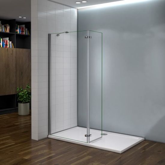 140x200cm Paroi de douche fixe largeur 100cm avec retour pivotant 40cm, 8mm verre trempé anticalcaire,hauteur 200 cm