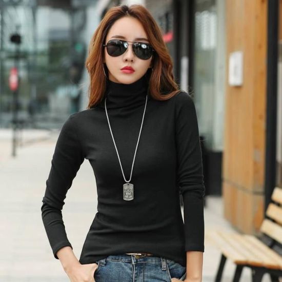 PULL,Pull à col roulé pour Femme, manches longues, Sexy, élastique, moulant Type Black Blanc