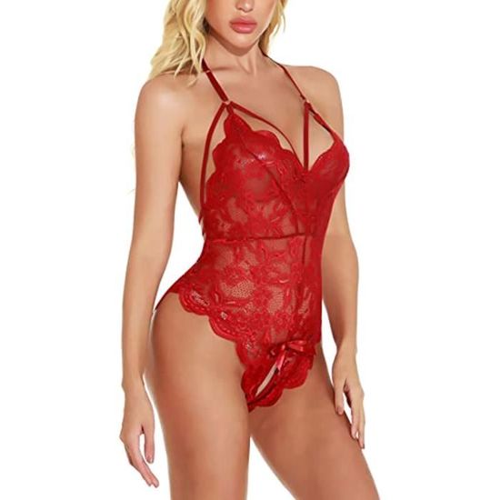 Body Femme MIZSPISE Lingerie Sexy Dentelle Avec Porte-Jarretelles - Nuisette Transparente - Noir/Bordeaux - Taille Unique