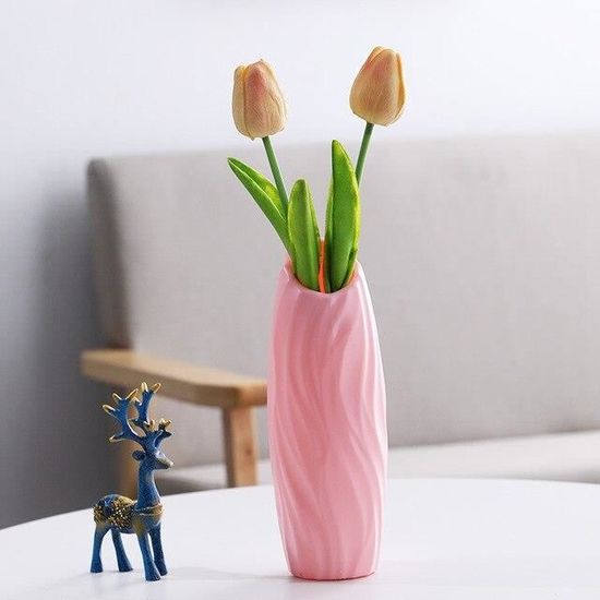 Vase En Plastique Incassable Aspect Céramique - Design Géométrique Moderne, 20.5x5.5 Cm, Blanc/Vert/Rose