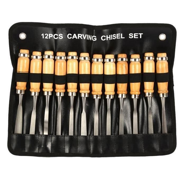 ZCS 12pcs Outils de Sculpture Ciseaux à Bois ciseau à main outils de gouges de tour professionnels de travail du bois -SEC