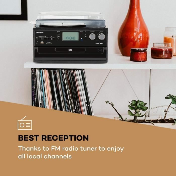 AUNA Oakland - Chaîne compacte, Rétro, Polyvalente, Platine Vinyle, Lecteur CD, Cassette, Port USB, Bluetooth, Télécommande, Entrée
