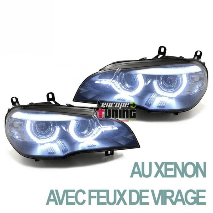 PHARES NOIRS ANNEAUX LED 3D AU XENON AVEC FEUX DE VIRAGE BMW X5 E70 2007-2010 PH1 (05348)