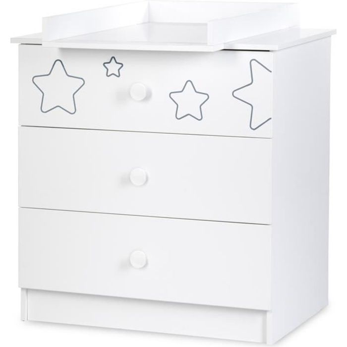 TINO Commode enfant 3 tiroirs motifs étoiles avec plan à langer amovible Blanc