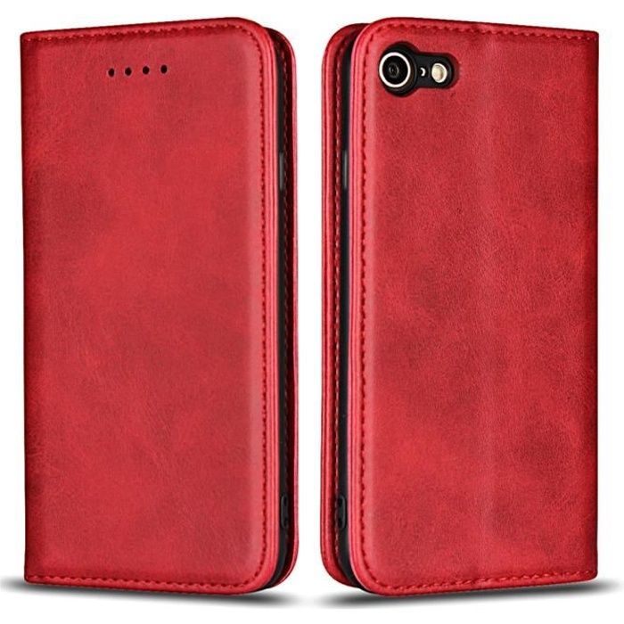 iPhone 7 Coque portefeuille en cuir véritable étui，fermé cover avec support pour iPhone 8 - iPhone 7 4.7- - Rouge