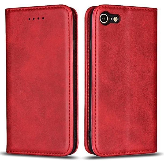 iPhone 7 Coque portefeuille en cuir véritable étui,fermé cover avec support pour iPhone 8 - iPhone 7 4.7- - Rouge