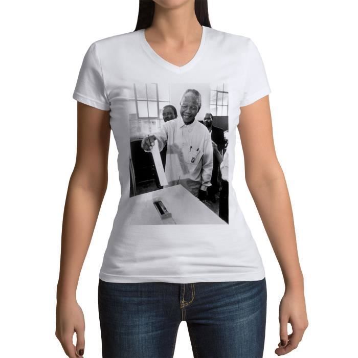 T-shirt Femme Col V Nelson Mandela Premier Vote Militant Droits Humains Afrique du Sud