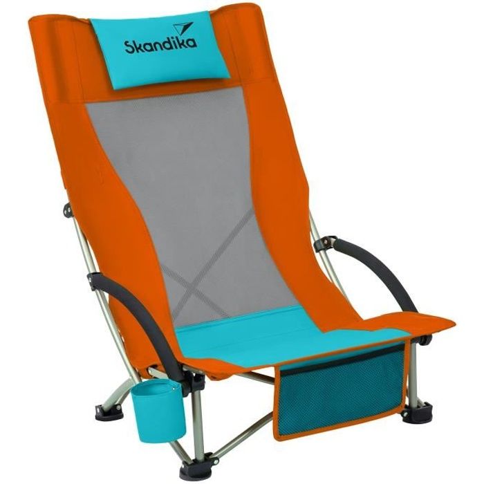Skandika Beach - Chaise de Plage Pliable - Chaise de Camping Pliante Confortable - Max. 136 kg - Sac de Transport (Orange/Bleu)