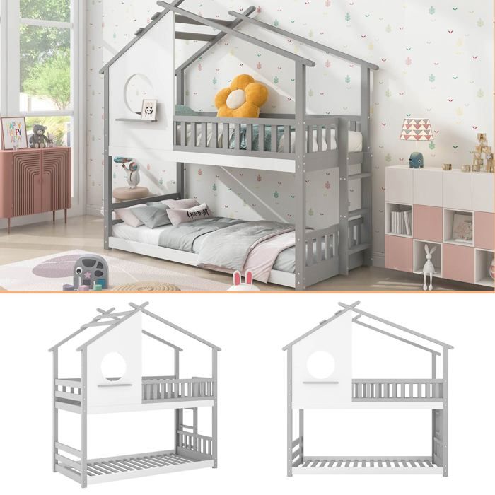 Lit Gigogne Enfant 160x80cm - Avec Sommier, Matelas, Tiroir, Protection - Blanc, Espace Gainé