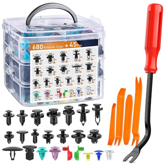 PHYLES Kit De 665 Clips Plastique Pour Voiture - Rivets Universels Pour Panneaux, Avec Outil Et Boîte De Rangement