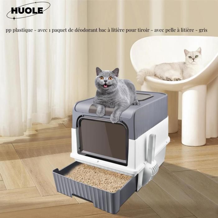 Comparer les prix de HUOLE - Bac à litière pour chat - pp plastique - avec 1 paquet de déodorant bac à litière pour tiroir - avec pelle à litière