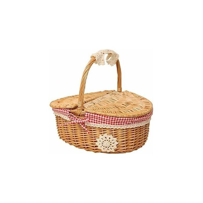Panier Pique-nique 2 Personnes Panier Pique-nique En Osier Avec Couvercle - Taille 38x30x35 Cm - Doublure Crème Amovible Panier Nature ZORMY