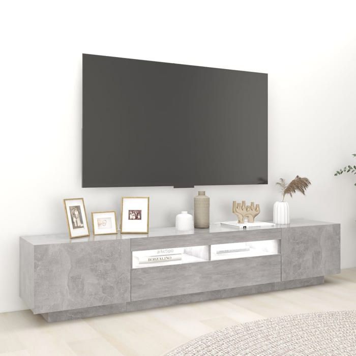 Meuble TV - Banc TV - Table TV - avec lumières LED - Gris béton - 200x35x40 cm - T307