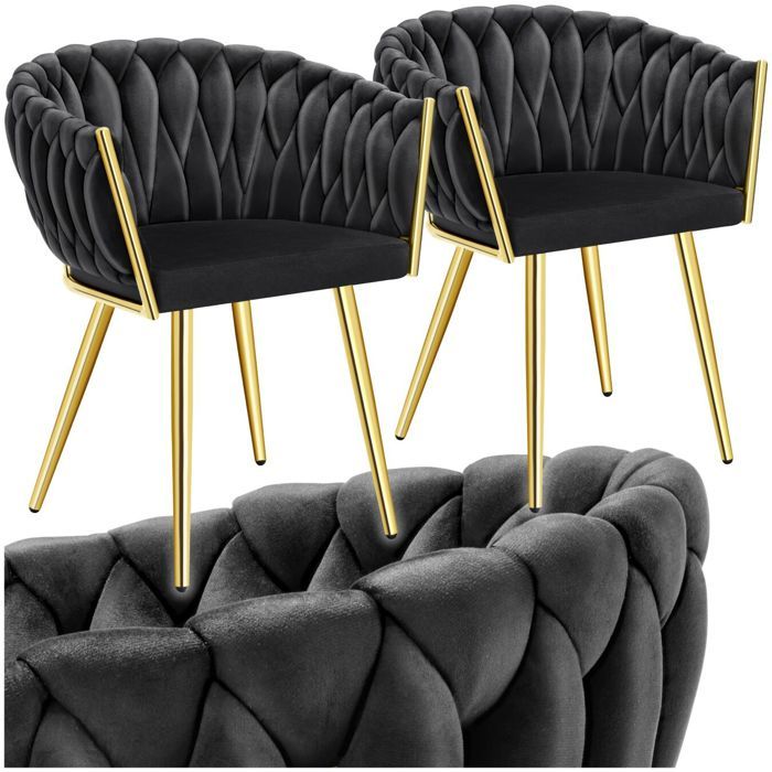 Chaise - TECTAKE - Lot de 2 fauteuils ASTANO en velours design noué avec pieds fin en acier 605 x 55 x 75 cm - Noir/Or