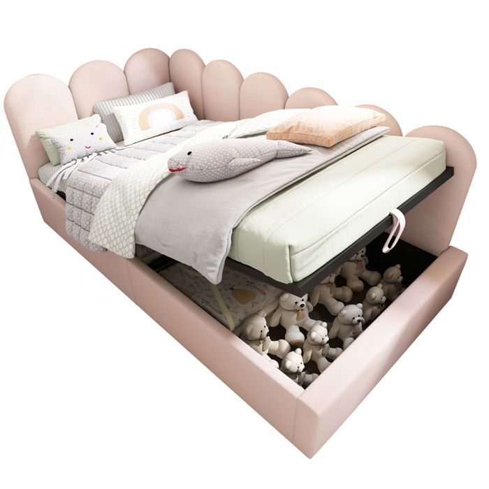 Lit coffre enfants 90x200 cm -lit bebe rembourré dangle avec sommier - rangement hydraulique velours rose sans matelas