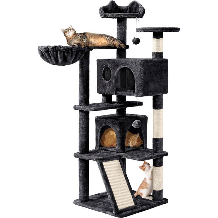 Cat Ramp Pole Multi-Level Cat Tree Tower with Hiding Places Basket Perches Ramp Sisal ...
