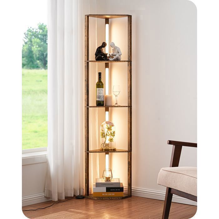 EDISHINE Lampadaire sur pied salon LED dimmable avec étagères 3 températures de couleur interrupteur à pied H163 cm noyer moyen