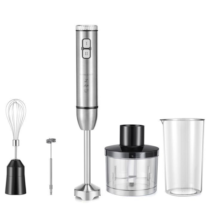 Mixeur Plongeant 4-en-1Le Multitool de la Cuisine avec Presse-Agrumes et Batte à Mousse au Lait Offerte