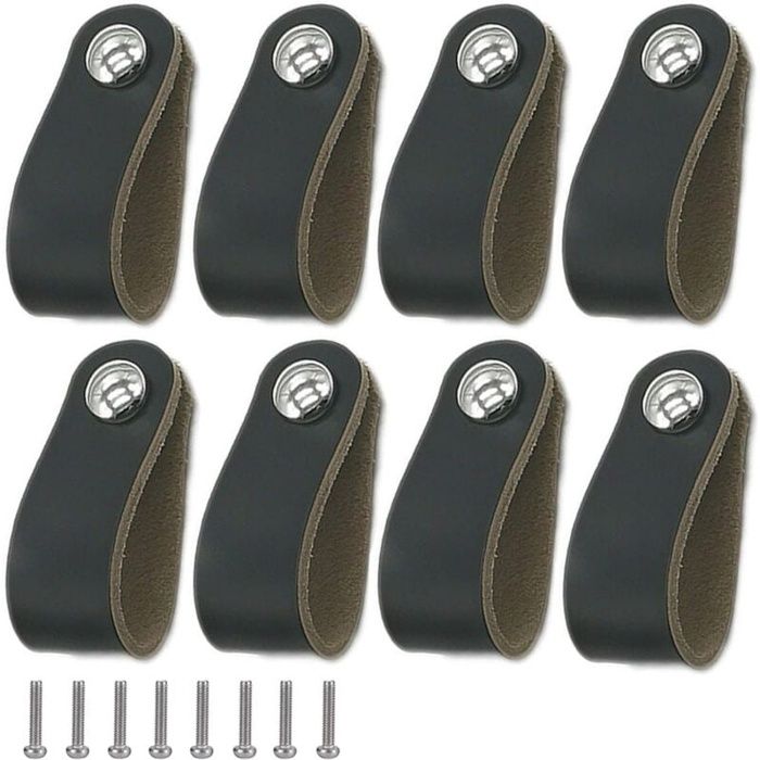 Lot de 8 poignées en cuir PU noir pour meubles - tirants de porte avec vis incluses