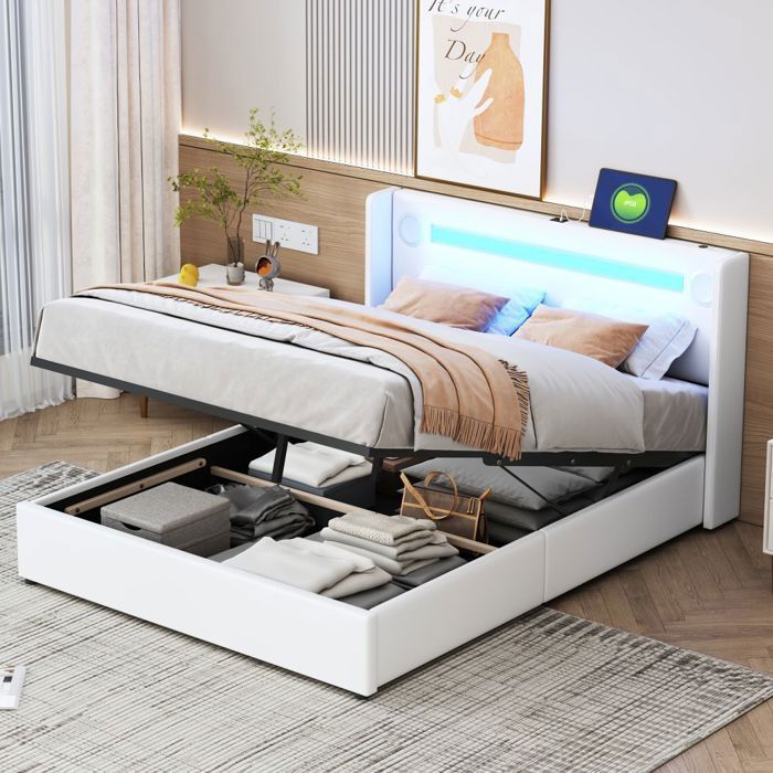 O.Ye Lit Double Rembourré 140x200cm - LED/Bluetooth/USB - Coffre Cuir PU - Mezzanine - Sommier Lattes Blanc - Sans Matelas
