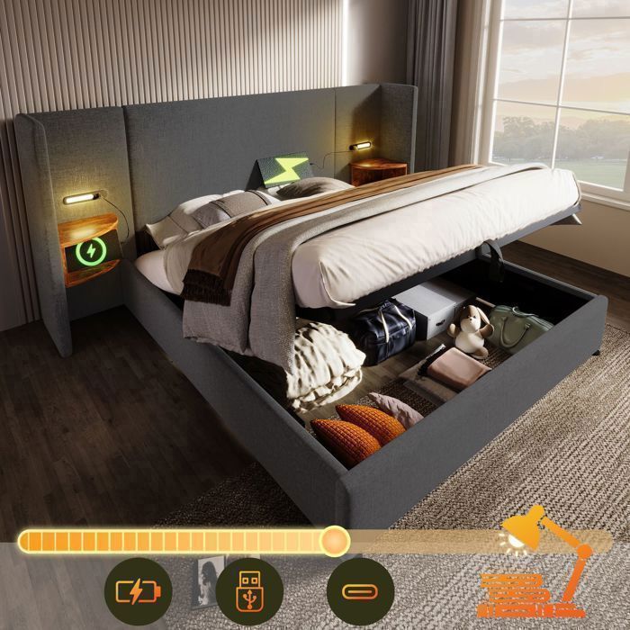 Lit coffre - SOGEU - 160x200 - Tête rembourrée lin gris - Lampe tactile & ports USB Type‑C - Sommier + grand coffre