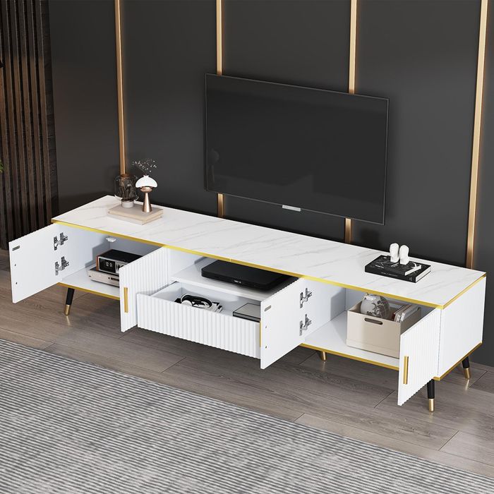 Meuble TV bas moderne aspect marbre 2 portes et 1 tiroir