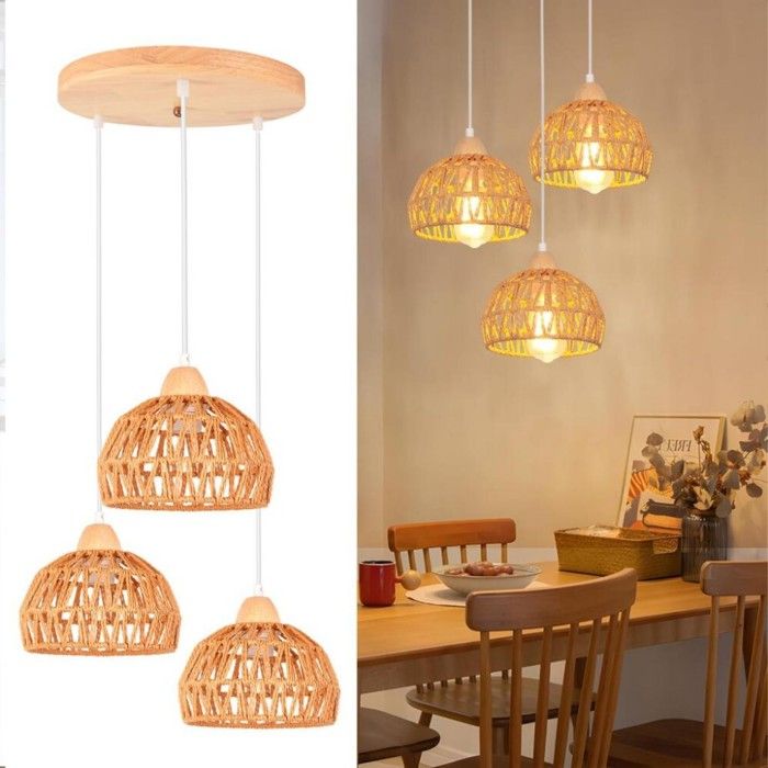 WOTTES 3 têtes Lustre Suspension Vintage Industrielle E27 Rétro Ø20cm Cage en Rotin Brun Pendentif pour Cuisine (Bois Disque)