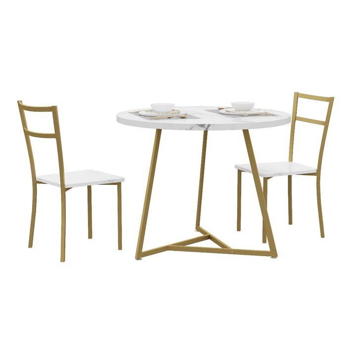 Table à manger 2 personnes rond Ensemble table et chaises de cuisine compacte en bois avec 2 chaises motif marbre blanc