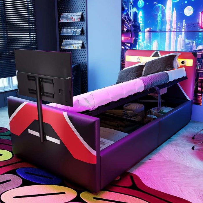 Lit rembourré - Design Esports - 90 x 200 cm - LED intégrée - Coffre de rangement hydraulique