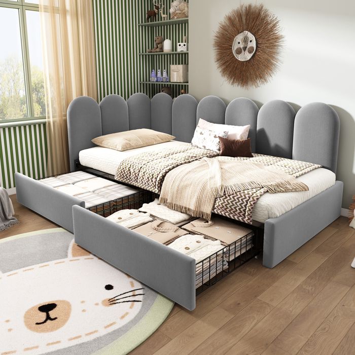 Lit banquette 90x190 cm avec 2 tiroirs de rangement côtés interchangeables sommier à lattes velours gris
