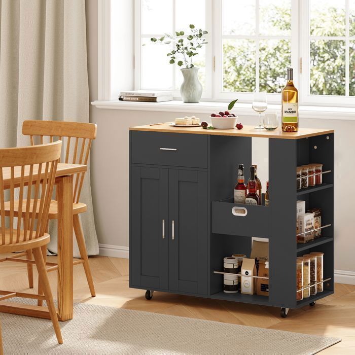 Buffet de séjour 102cm bahut à roulettes avec tiroirs enfilade desserte cuisine avec étagères ouvertes salle à manger bois Noir