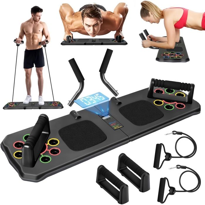 Planche de pompes 24 en 1 - Planche Push up Pliable Multifonction - Avec 2 Bandes de Résistance et Smart count - Noir
