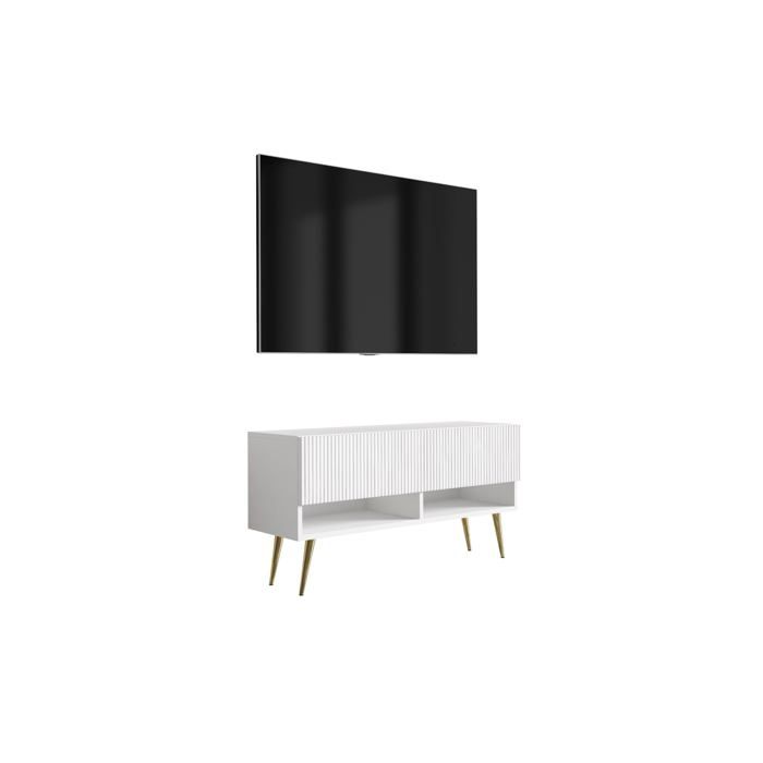 Meuble TV - Blanc mat - Façade rainurée - Pieds inclinés dorés - 100×32×52 cm