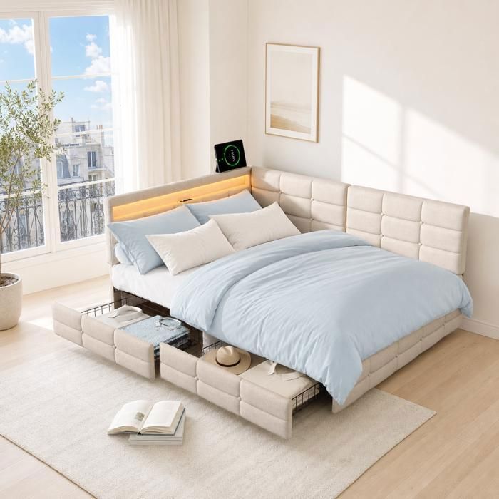 Canapé-lit 140x190 cm en lin beige lit double avec LED et USB lit banquette avec 2 tiroirs de rangement sommier à lattes