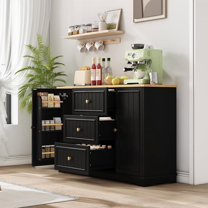 Îlot de Cuisine - 126×40×86cm-Buffet Moderne et élégant avec 3 tiroirs et Portes de Type réfrigérateur-pour la Salle à Manger-Noir