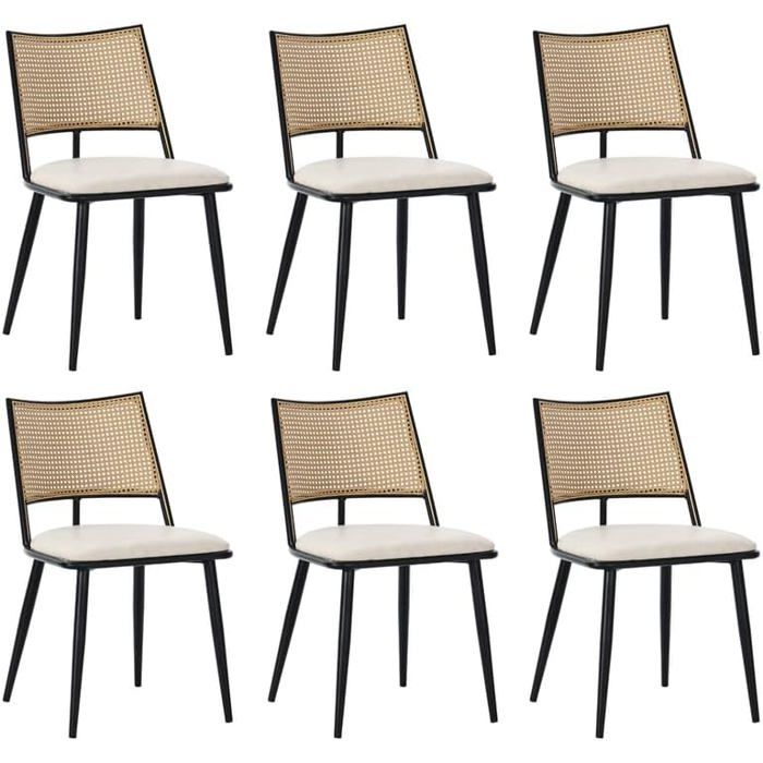Lot de 6 Chaises de Salle à Manger - Chaises de Cuisine avec Siège en Polyuréthane et Dossier en Rotin - Chaise Rembourrée -Noires