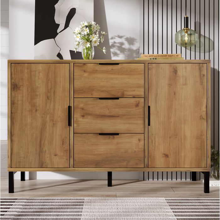 Commode en chêne foncé avec 2 portes 3 tiroirs et étagère réglable