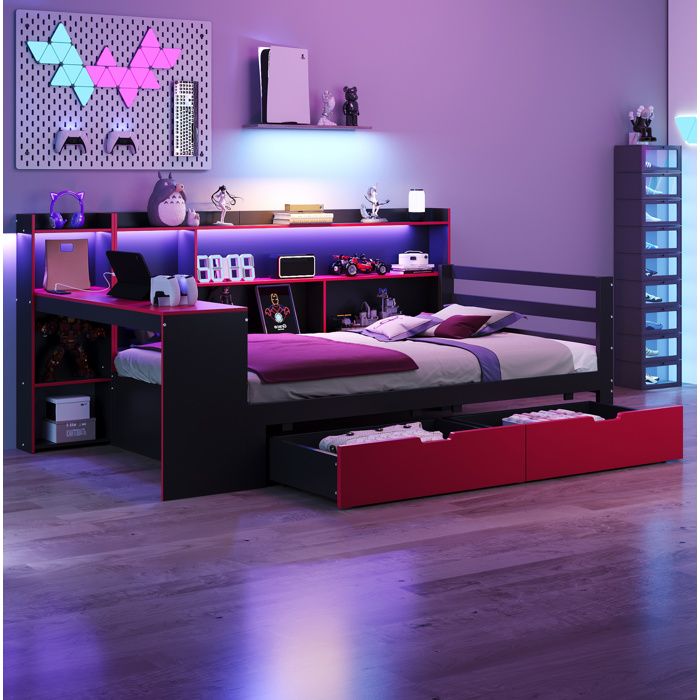 Lit enfant multifonction 90 × 200 cm noir et rouge avec bureau et rangements
