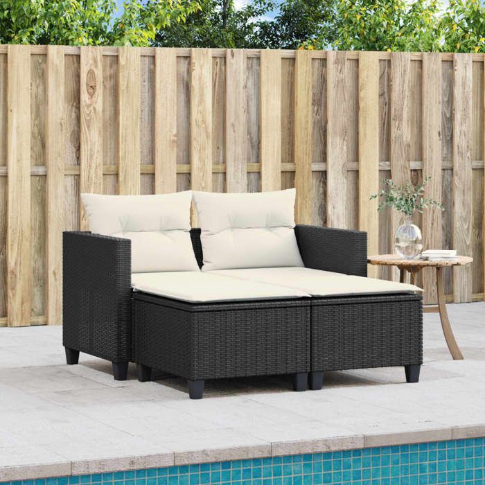 (Noir)Salon dextérieur - Canapé de jardin - Sofa de jardin - 2 places avec tabourets noir résine tressée - 122x65x62 cm @FR78188