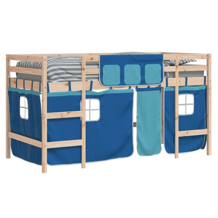 Lit Bleu - BMK - Lit mezzanine enfants avec rideaux - sans matelas - Contemporain - bleu 80x200cm - Lit chambre&123120