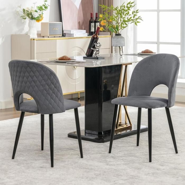 Chaise - KOMHTOM - Velours diamant - Gris - Pieds métal réglables - 47x44x84 cm