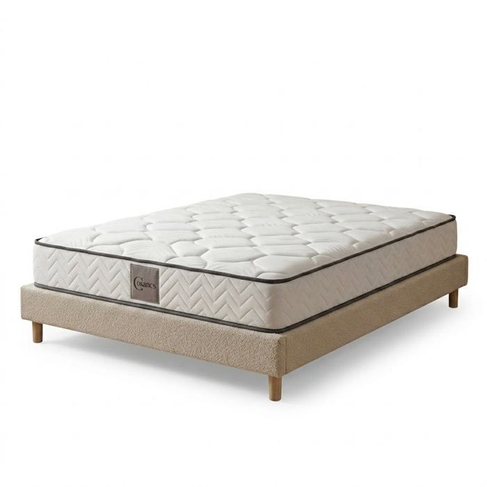 Ensemble lit et matelas - SAMPUR - Cosmos - 160x200 cm - Tissu bouclette sable - Matelas mémoire de forme 21 cm