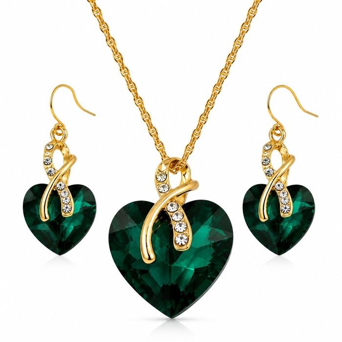 Parure Bijoux Femme Cœur Vert Émeraude Strass Cristal