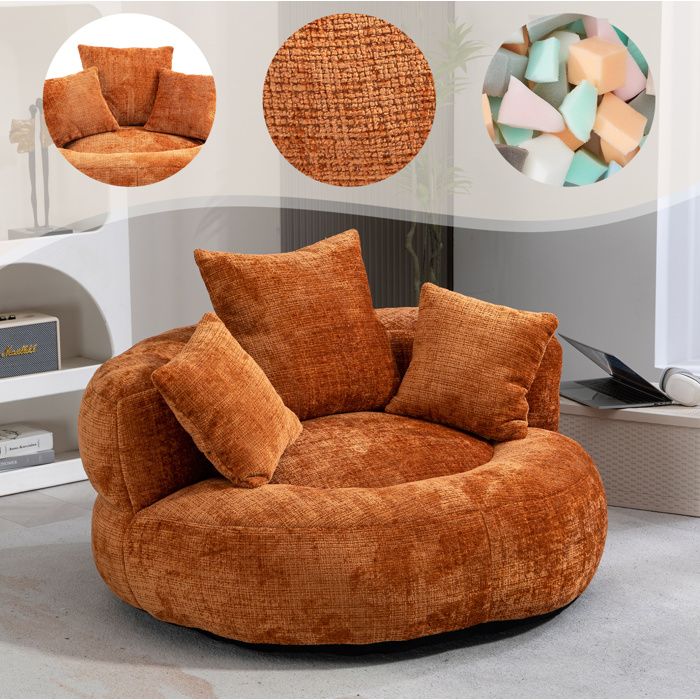 Modenuit fauteuil poire compressé en chenille orange avec dossier haut accoudoirs et 3 coussins