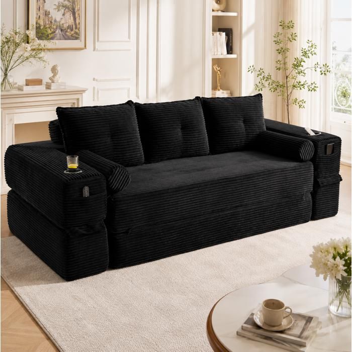 Canapé convertible 3 places en velours côtelé noir mousse densité 30 et noyau à ressorts 232x98 cm Grjofek