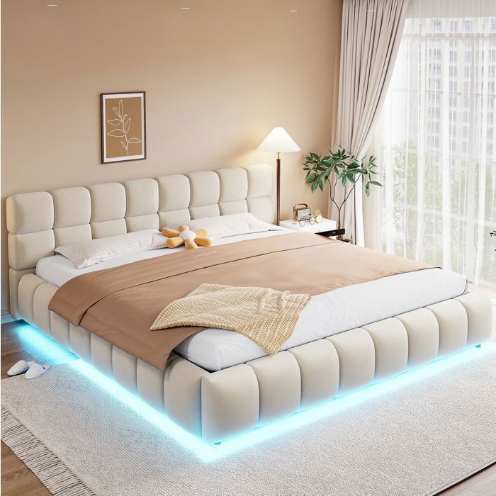 Lit double coffre rangement 180 x 200 cm velours beige - avec LED intégrée tête de lit capitonnée sommier à lattes 26 cm - JOINERY