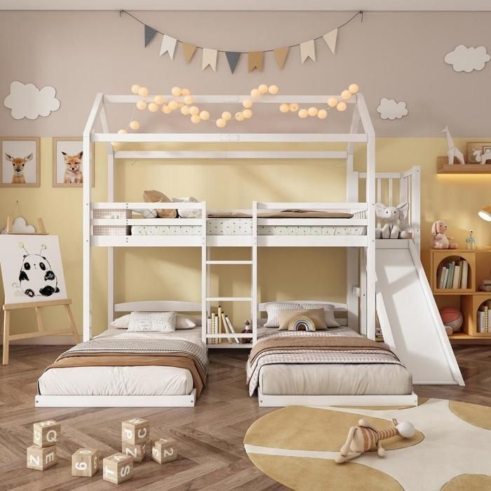 Lit superposé enfant - KOMHTOM - 90 x 200 cm - Pin et MDF - 3 couchages - Toboggan et rangement Lit superposé enfant - KOMHTOM - 90 x 200 cm - Pin et MDF - 3 couchages - Toboggan et rangement