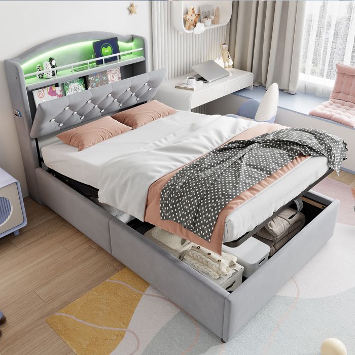 Design solide et sécurisé lit simple avec espaces de rangement avec éclairage led couleur gris