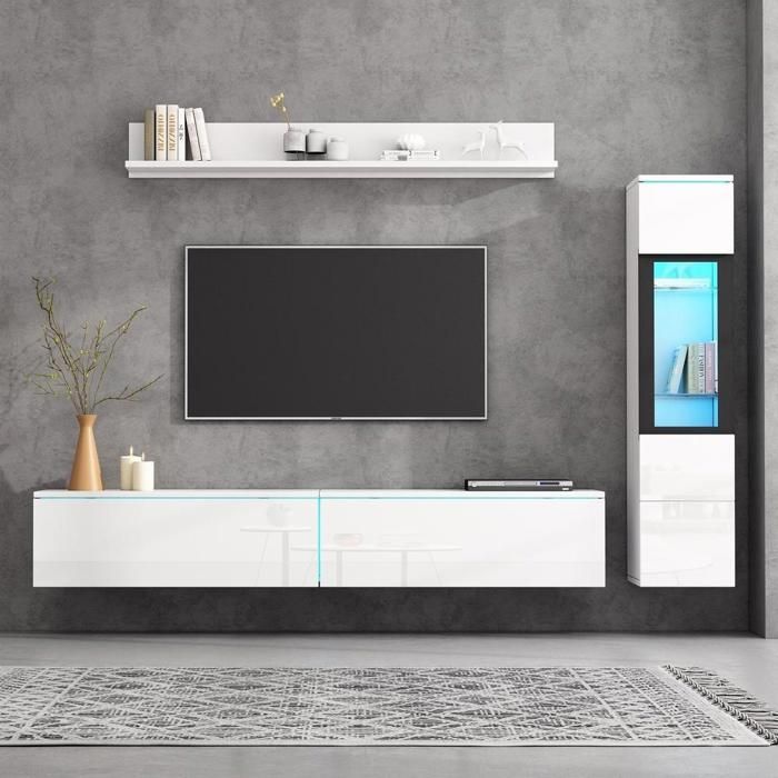 Meuble TV 3 pièces - KOMHTOM - Set moderne blanc brillant LED - Éclairage LED - 3 éléments - 180x33x30 cm Meuble TV 3 pièces - KOMHTOM - Set moderne blanc brillant LED - Éclairage LED - 3 éléments - 180x33x30 cm