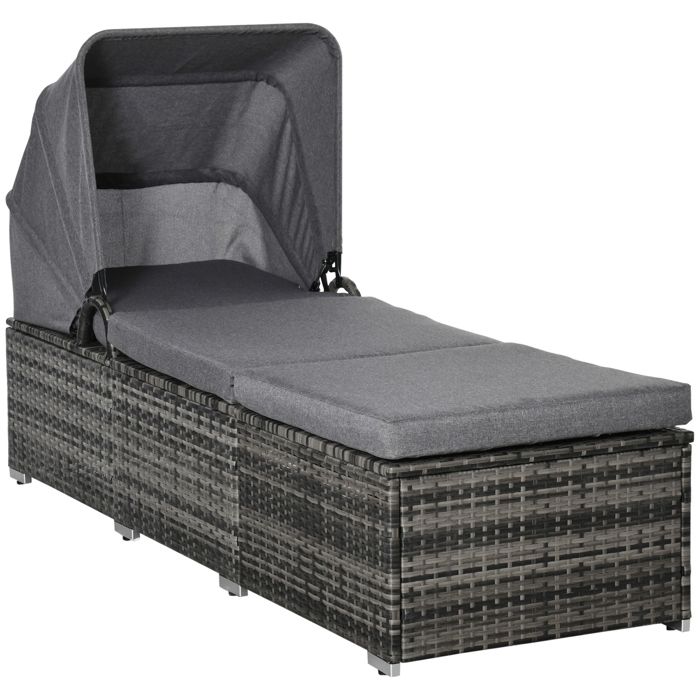 Transat de jardin en rotin - Pare-soleil réglable - Dossier ajustable 4 positions - Coussins amovibles et lavables